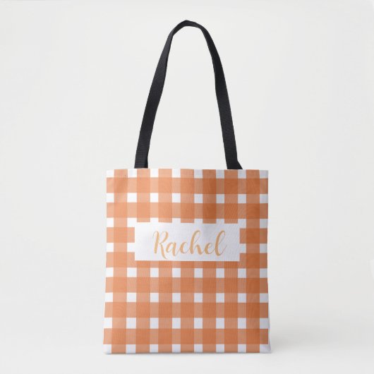 Sinaasappel Wit Gingham Gepersonaliseerde Tote Tas (Voorkant)