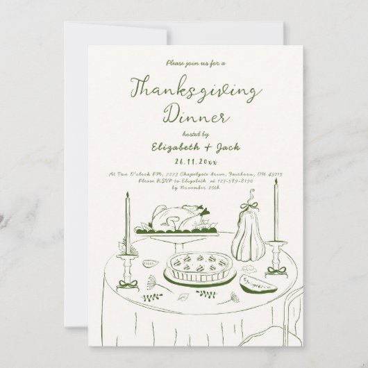 Sinaasappel & Wit Hand Getekend Tafel Thanksgiving Kaart (Voorkant)