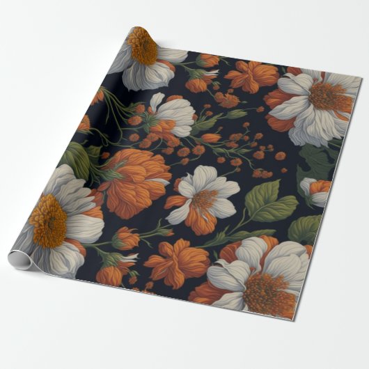 Sinaasappel wit sierlijke retro bloemen Cadeaupapier (Uitgerold)