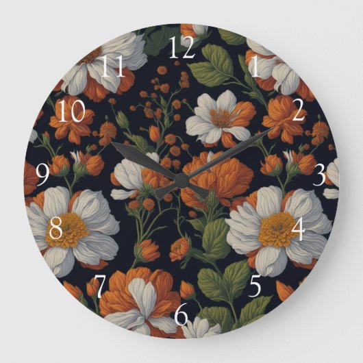  Sinaasappel wit sierlijke retro bloemen Grote Klok (Voorkant)