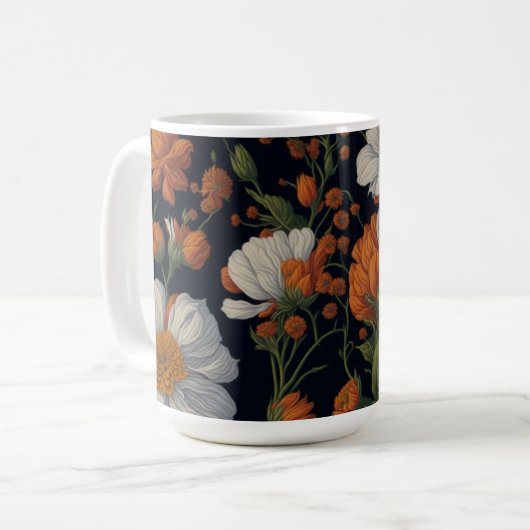  Sinaasappel wit sierlijke retro bloemen Koffiemok (Voorkant links)