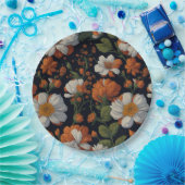  Sinaasappel wit sierlijke retro bloemen Papieren Bordje (Feest)