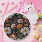  Sinaasappel wit sierlijke retro bloemen Papieren Bordje (Feest)