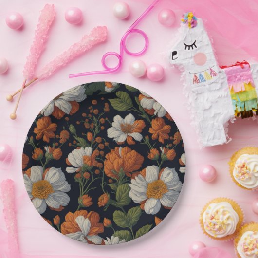 Sinaasappel wit sierlijke retro bloemen Papieren Bordje (Feest)