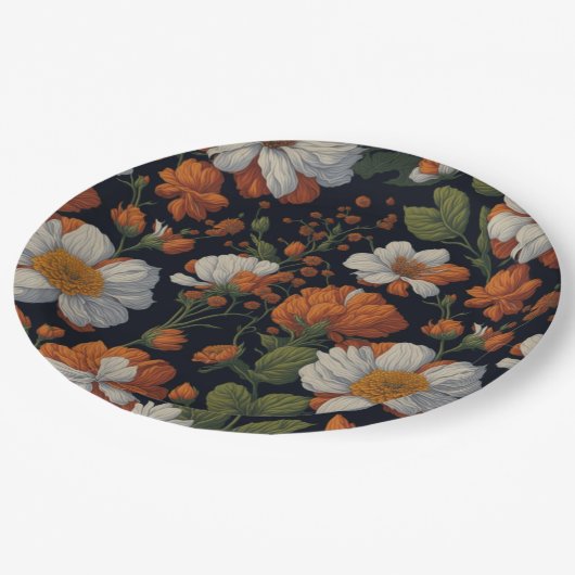 Sinaasappel wit sierlijke retro bloemen Papieren Bordje (Gekanteld)