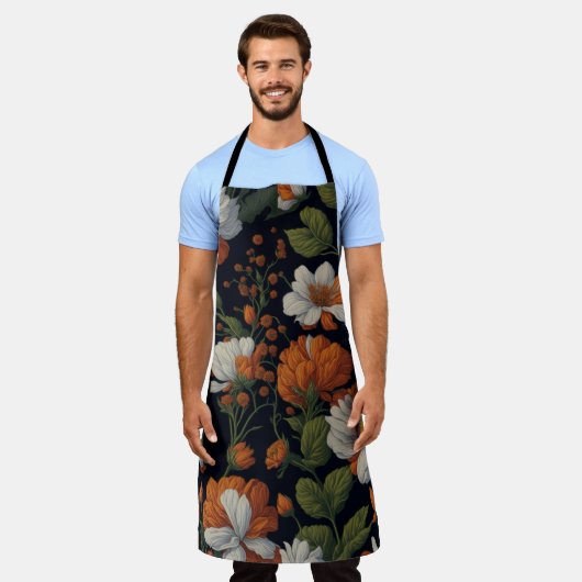 Sinaasappel wit sierlijke retro bloemen Schort (Gedragen)