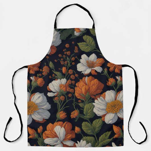  Sinaasappel wit sierlijke retro bloemen Schort (Voorkant)