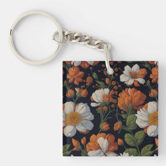  Sinaasappel wit sierlijke retro bloemen Sleutelhanger (voorkant)
