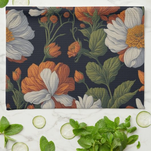  Sinaasappel wit sierlijke retro bloemen Theedoek (Gevouwen)