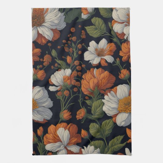  Sinaasappel wit sierlijke retro bloemen Theedoek (Verticaal)