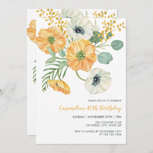 Sinaasappel & Witte Anemone Groen Verjaardag Kaart (Voorkant / Achterkant)