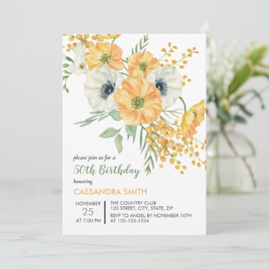 Sinaasappel & Witte Anemone Lente Bloemen Verjaard Kaart (Staand voorkant)