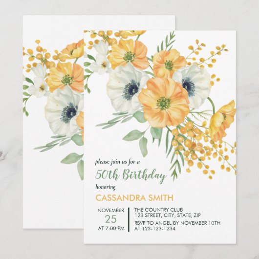 Sinaasappel & Witte Anemone Lente Bloemen Verjaard Kaart (Voorkant / Achterkant)