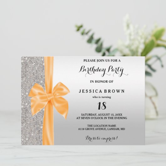 Sinaasappel Zijde Boog Zilver Sequins 18e Verjaard Kaart (Staand voorkant)
