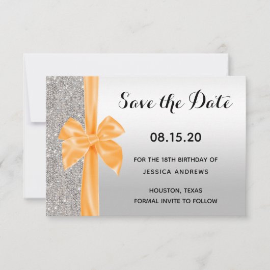 Sinaasappel Zijde Boog Zilver Sequins 18e Verjaard Save The Date (Voorkant)