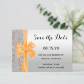 Sinaasappel Zijde Boog Zilver Sequins 18e Verjaard Save The Date (Staand voorkant)