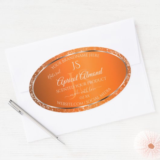 Sinaasappel Zilver met Glitter Initialen Productla Ovale Sticker (Envelop)