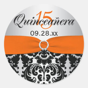 Sinaasappel, Zilver, Zwart Damast Quinceanera Stic Ronde Sticker