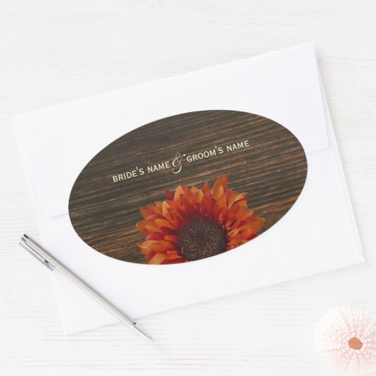 Sinaasappel Zonnebloem & Barnwood Bruiloft Sticker (Envelop)