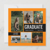 Sinaasappel & zwart 6 Foto Afstuderen Uitnodiging (Voorkant)