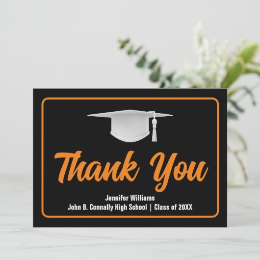 Sinaasappel Zwart Afstuderen Custom Afstuderen Bedankkaart (Staand voorkant)