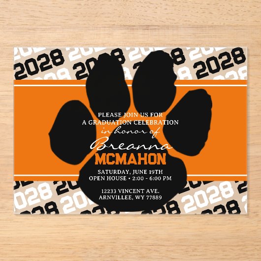 Sinaasappel & Zwart Afstuderen Pawprint Frosted Acryl Uitnodigingen (Voorkant)