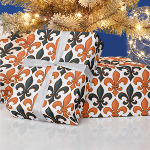 Sinaasappel Zwart Barok Fleur-de-lis Patroonontwer Cadeaupapier