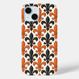 Sinaasappel Zwart Barok Fleur-de-lis Patroonontwer iPhone 15 Case