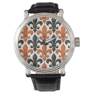 Sinaasappel Zwart Barok Fleur-de-lis Patroonontwer Horloge