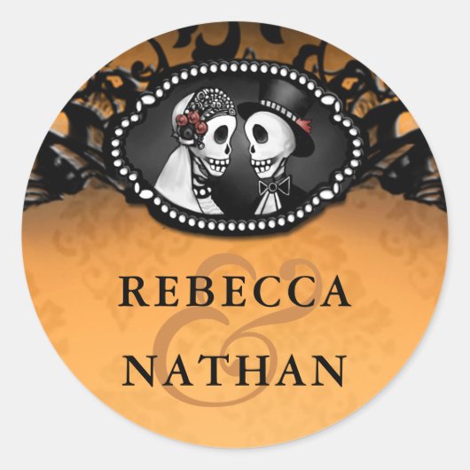 Sinaasappel & Zwart Bruiloft Skeletten Envelope La Ronde Sticker (Voorkant)