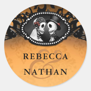 Sinaasappel & Zwart Bruiloft Skeletten Envelope La Ronde Sticker