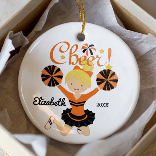 Sinaasappel & Zwart Cheer Blonde Cheerleader Ornam Keramisch Ornament