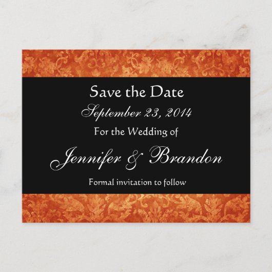 Sinaasappel & Zwart Damask Save The Date Briefkaar Aankondigingskaart (Voorkant)