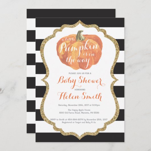 Sinaasappel Zwart en Goud Pompoen Baby shower Kaart (Voorkant / Achterkant)