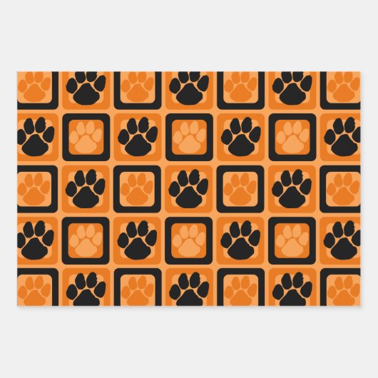 Sinaasappel, zwart en wit Pawprint Inpakpapier Vel (Voorkant)
