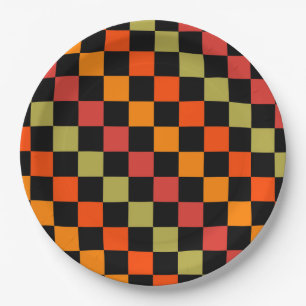 Sinaasappel Zwart geruit Gingham Pattern Papieren Bordje