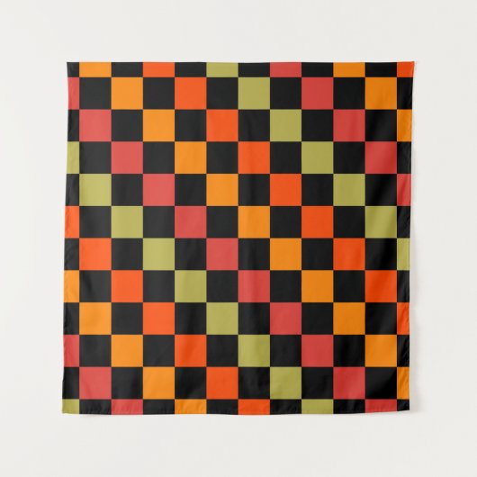 Sinaasappel Zwart geruit Gingham Pattern Wandkleed (Voorkant)