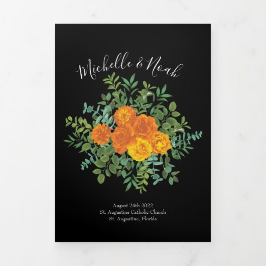 Sinaasappel & Zwart Gothic Peony Roos Trouwprogram Drieluik Programma (Cover)