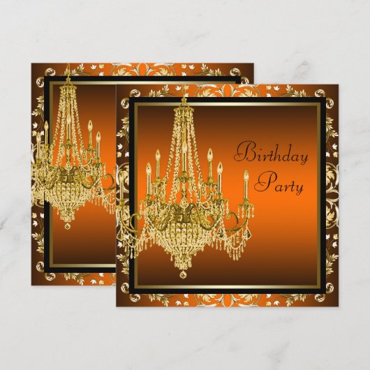 Sinaasappel Zwart Goud Damask Chandelier Verjaarda Kaart (Voorkant / Achterkant)