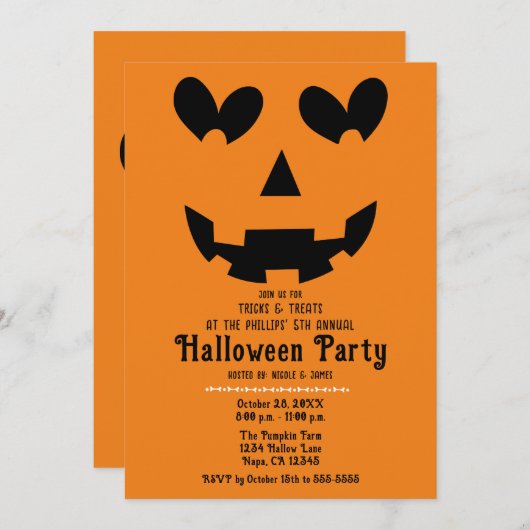 Sinaasappel & Zwart Happy Heart Pompoen Halloween Kaart (Voorkant / Achterkant)