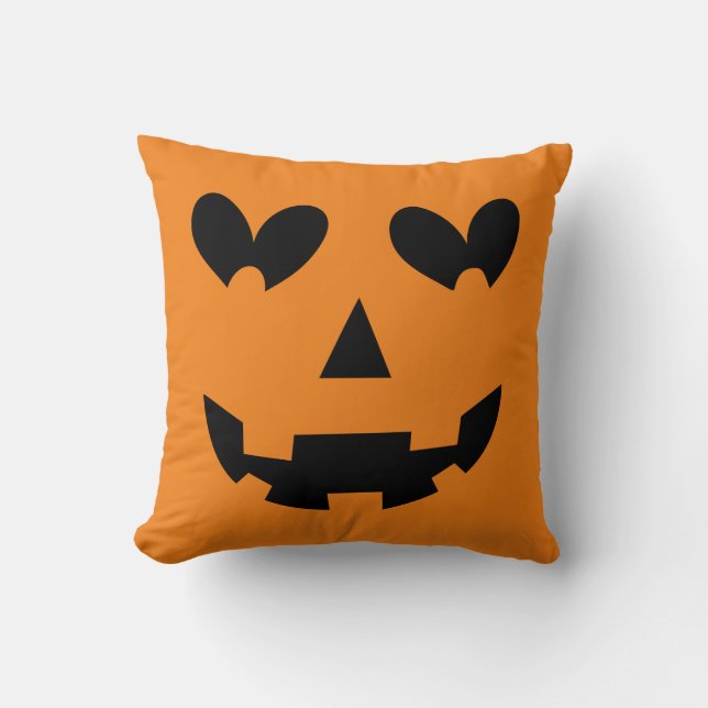 Sinaasappel & Zwart Happy Heart Pompoen Halloween Kussen (Voorkant)
