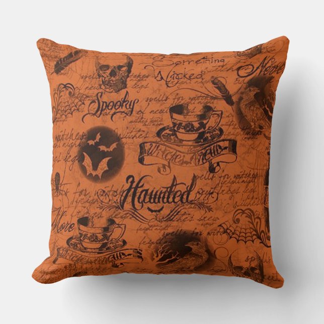 Sinaasappel & Zwart Haunted Halloween Sierkussen (Voorkant)