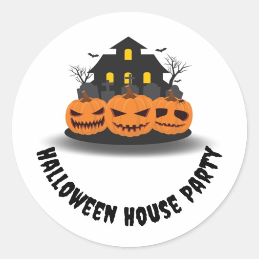 Sinaasappel Zwart Haunted House met Pompoenen Hall Ronde Sticker (Voorkant)