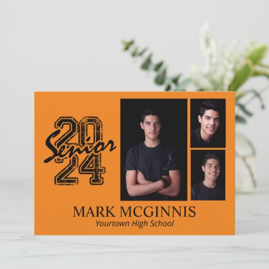 Sinaasappel Zwart High School Class 2024 Afstudere Kaart (Staand voorkant)