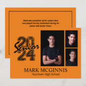 Sinaasappel Zwart High School Class 2024 Afstudere Kaart (Voorkant / Achterkant)