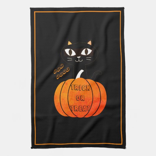 Sinaasappel Zwart Kat Pompoen Trick or treat Hallo Theedoek (Verticaal)