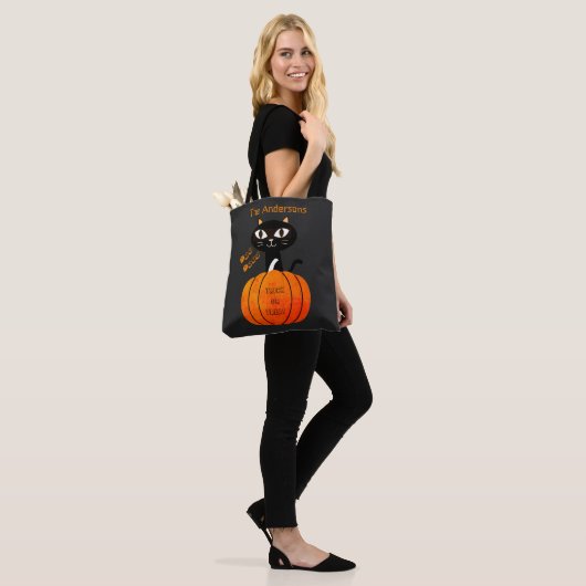 Sinaasappel & Zwart Schattige Cat Trick or treat H Tote Bag (Op model)