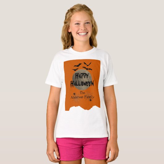 Sinaasappel & Zwart Spooky Modern Happy Halloween T-shirt (Voorkant volledig)