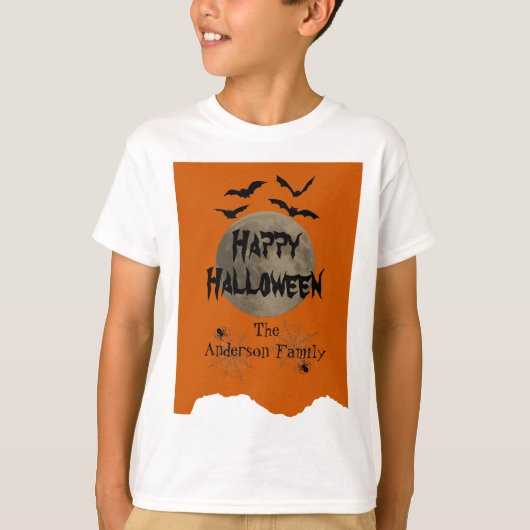 Sinaasappel & Zwart Spooky Modern Happy Halloween  T-shirt (Voorkant)