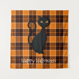 Sinaasappel Zwart Tartan Schotse Ruit Zwarte Kat H Wandkleed